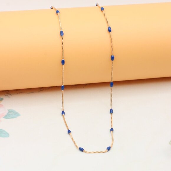"Rose Gold Beaded Necklace with Blue Accents, Adjustable, XPNL0337 - Picture 1 of 11